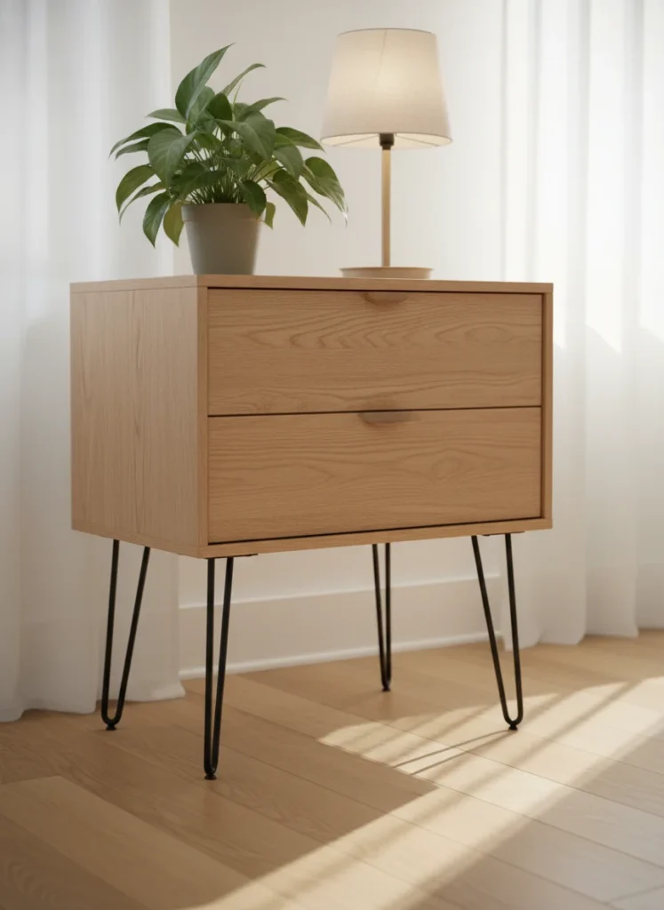 A small bedroom dresser raised on thin matte black hairpin legs, showing clear floor space beneath it. The dresser looks lighter and more elevated. A plant and lamp sit on top. The visible floor beneath the dresser makes the room feel more open. Interior styling photography.