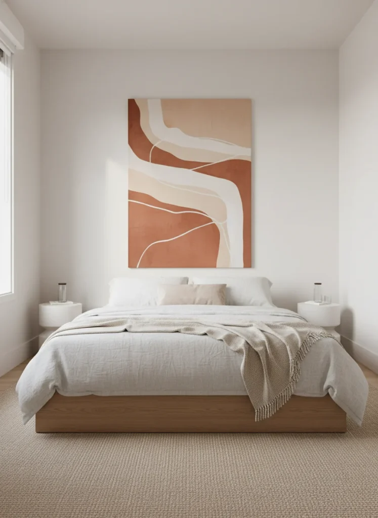 A small bedroom with a clear focal point: a large-scale abstract art print in warm terracotta and cream mounted above a low platform bed. The rest of the room is simple with light bedding and minimal nightstands. The focal point anchors the room and makes it feel designed rather than cramped. Interior photography.