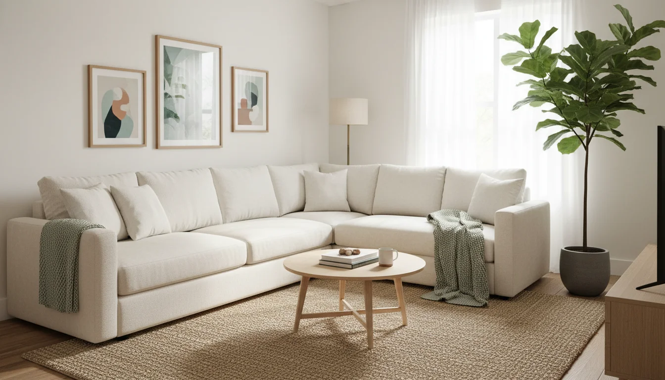 A small apartment living room with a compact L-shaped sectional sofa in a warm cream boucle fabric. The sectional is sized correctly for the space, with a round coffee table, a large area rug underneath, and a tall plant in the corner. The room feels curated and intentional, not cramped. Interior photography, natural daylight.