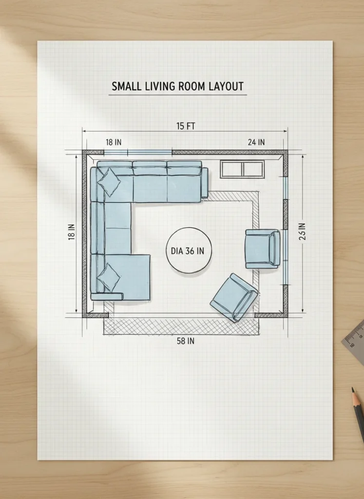 A floor plan sketch showing a small living room with measurements, indicating where an L-shaped sectional fits along the longest wall with clearance on both ends. The sketch shows the long arm along the wall and the return arm extending into the room no more than 60 inches. Clean, clear illustration style.