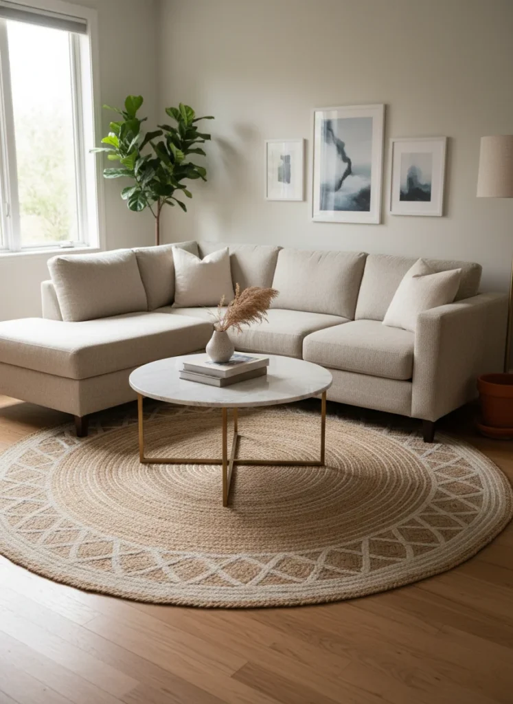 A small living room with an L-shaped sectional in a light neutral fabric and a round marble-top coffee table in the center of the L. The round table's soft geometry contrasts with the sectional's angles. A woven rug anchors the arrangement. Interior photography, warm light.