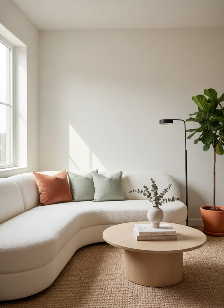 A small living room where the sectional sofa color matches the wall tone closely. The sectional is cream boucle, the walls are warm white. The sofa blends into the architecture visually, making the room feel larger. Accent pillows in terracotta and sage provide the color. Interior photography.