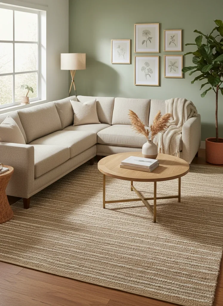 A small living room with an L-shaped sectional with all front legs resting on a large 8x10 neutral area rug. A round coffee table also sits on the rug. The rug unifies the entire seating arrangement and the room feels anchored and intentional. Interior photography, warm natural light.