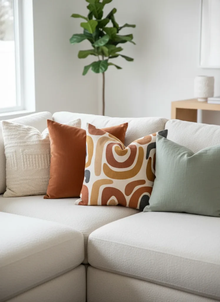 Close-up of a cream boucle sectional with five throw pillows in a curated mix: two cream textured, one terracotta solid, one sage green, one with a warm abstract pattern. The pillows feel collected, not matched. Warm interior photography, natural light.