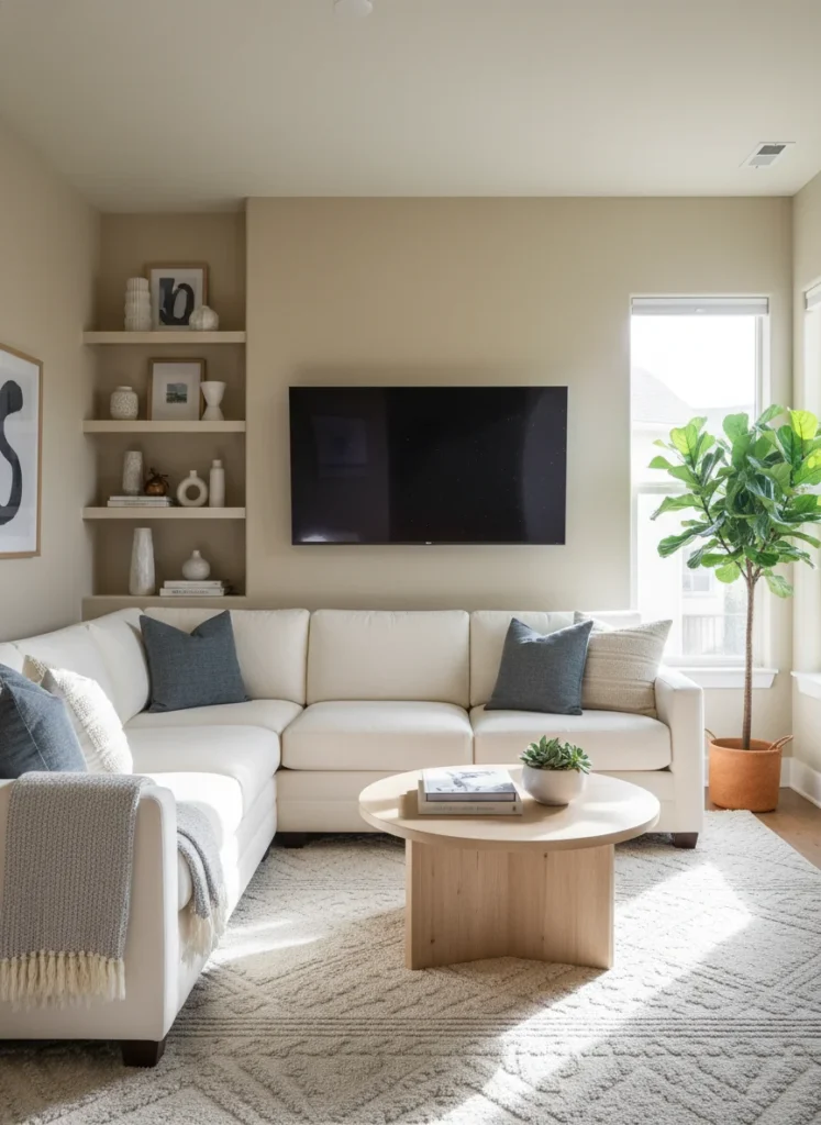 A small living room with an L-shaped sectional oriented so the main seating body faces the TV wall directly. The chaise section is in the corner and has a comfortable viewing angle. The TV is mounted on the wall the short end of the L faces. The arrangement feels natural and resolved. Interior photography.