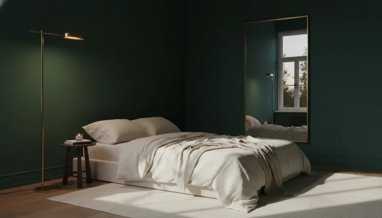 A small bedroom with deep forest green walls that feels rich and expansive rather than cramped. Low platform bed with cream linen bedding, warm brass floor lamp in the corner, large leaning mirror reflecting the window. The dark walls recede and the room feels intimate yet spacious. Interior photography, warm evening light.