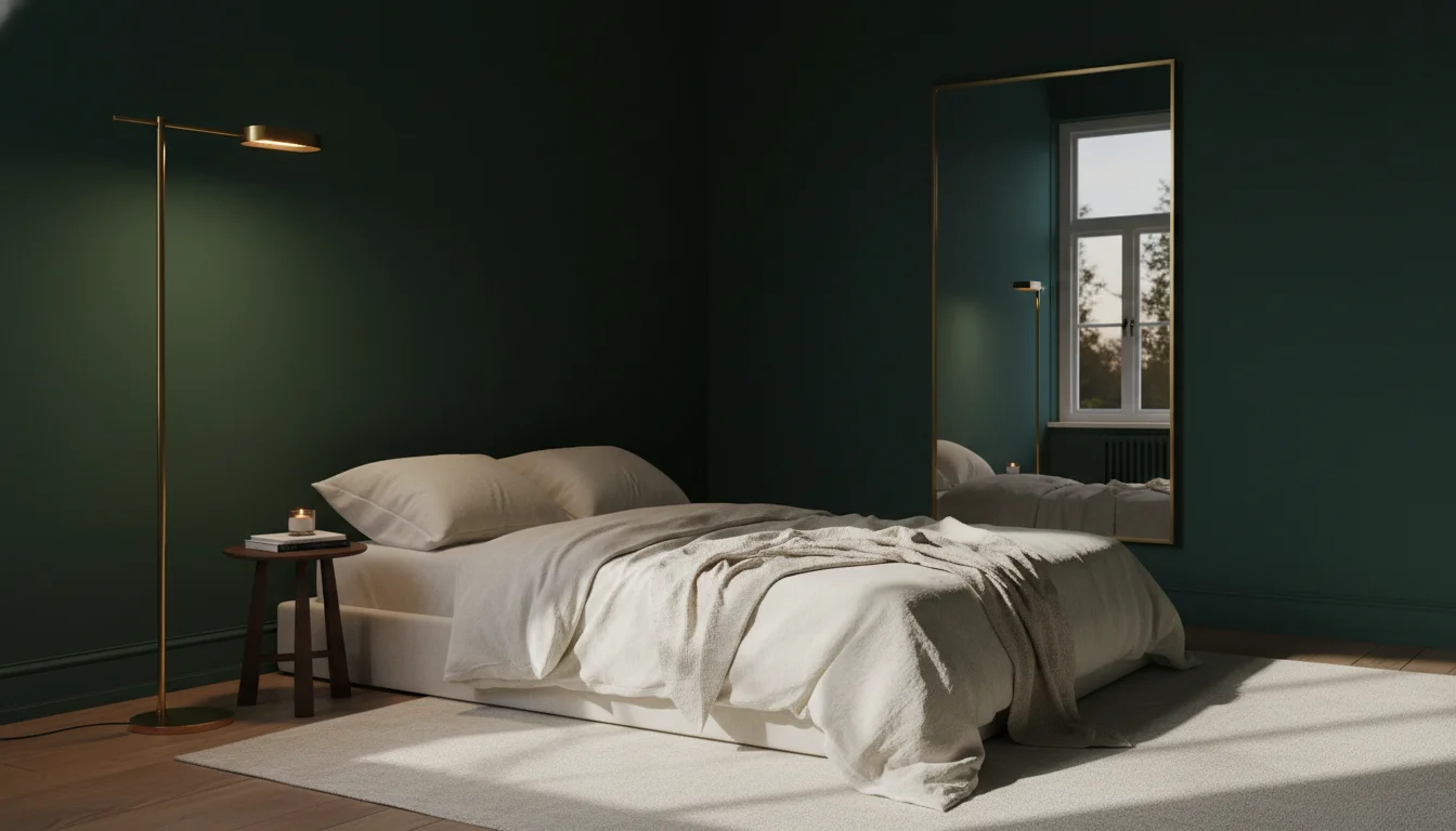 A small bedroom with deep forest green walls that feels rich and expansive rather than cramped. Low platform bed with cream linen bedding, warm brass floor lamp in the corner, large leaning mirror reflecting the window. The dark walls recede and the room feels intimate yet spacious. Interior photography, warm evening light.