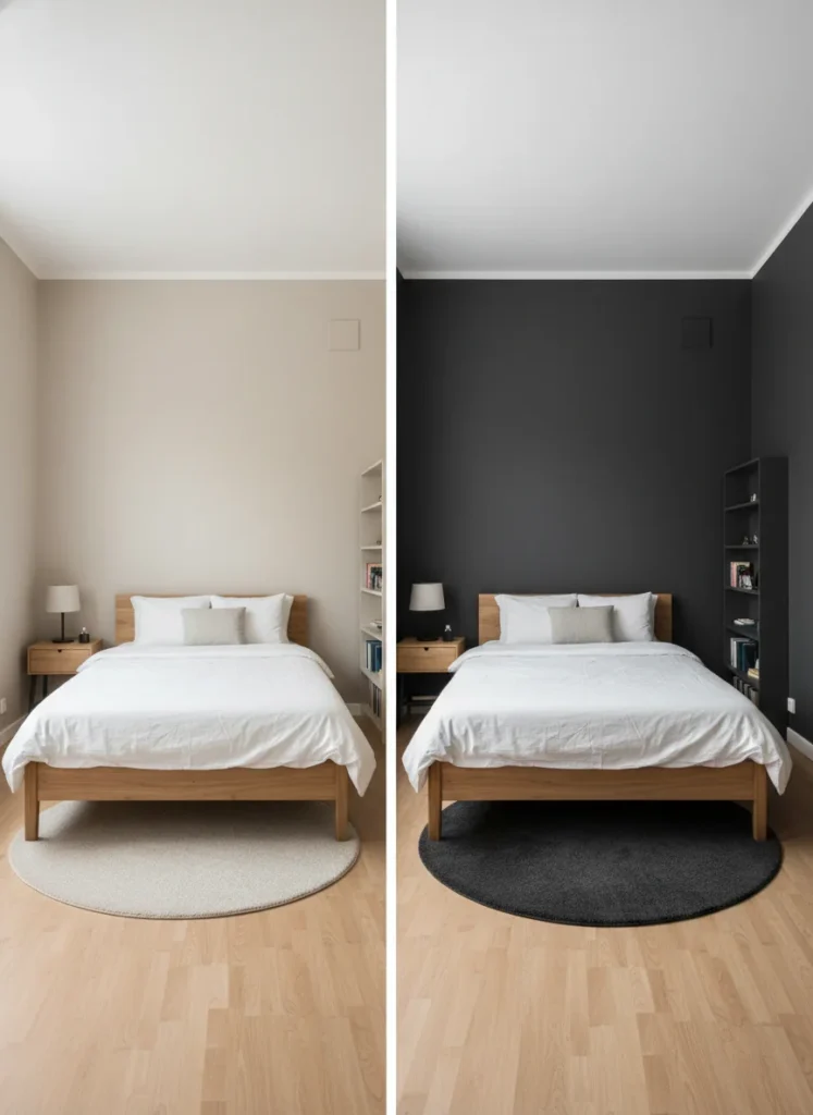 Side-by-side comparison of two identical small bedrooms. Left: light beige walls where the room boundaries are clearly visible and the space feels defined and boxed in. Right: the same room with deep charcoal walls where the boundaries recede and the room feels more expansive. Interior photography.