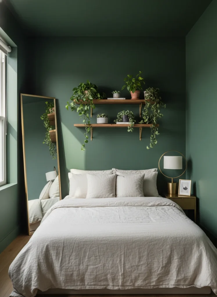 A small bedroom with deep forest green walls and cream linen bedding on a low platform bed. Warm brass accents: a bedside lamp and a picture frame. A large leaning mirror in the corner reflects light from the window. Plants on a floating shelf. The green walls recede and the room feels rich and spacious. Interior photography.