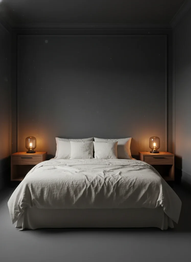 A small bedroom painted entirely in charcoal gray: walls, ceiling, and trim all the same deep shade. Cream linen bedding, warm walnut wood nightstands, a warm amber bedside lamp on each side. The room edges are invisible and the space feels expansive. Interior photography, cozy evening atmosphere.
