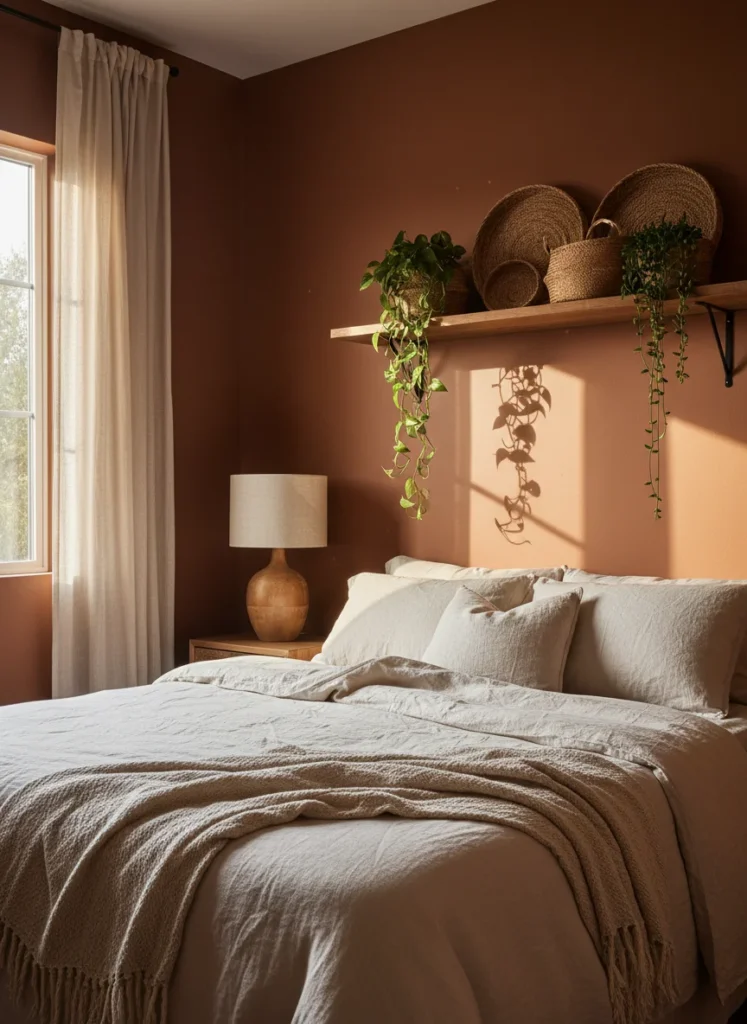 A small bedroom with deep terracotta orange-brown walls. Cream linen bedding, natural woven baskets on a floating shelf, trailing plants, a warm ceramic lamp base. The terracotta walls make the room feel enveloped in warmth rather than compressed. Interior photography, golden hour light.