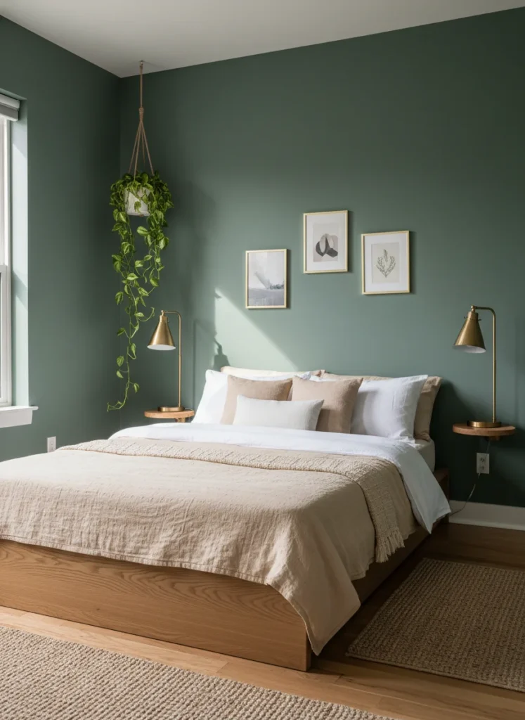  A small bedroom with deep sage green walls, a cream and warm white bedding set on a wooden bed frame, brass bedside lamps, and a trailing pothos plant on a floating shelf. The sage walls recede and make the room feel larger than it is. Interior photography, soft natural light.