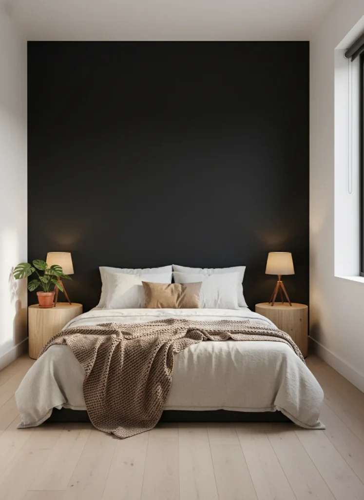 A small bedroom with a single black accent wall behind the bed. The wall creates dramatic depth. Against it: a low platform bed with cream and warm white bedding, a warm bedside lamp on each nightstand, and a small plant. The black wall recedes and the room feels larger. Interior photography.