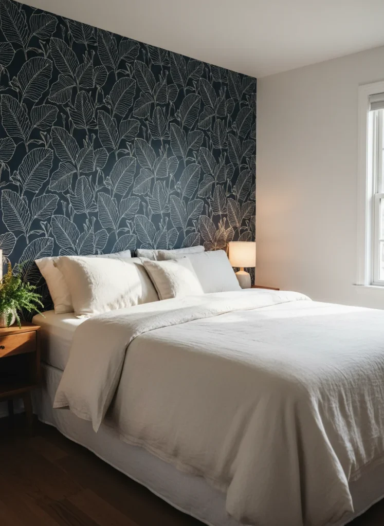  A rental bedroom with dark navy botanical peel-and-stick wallpaper on the accent wall behind the bed. The wallpaper features large leaves in dark navy with cream outlines. The rest of the walls are white. Cream linen bedding, a warm table lamp, and a plant on the nightstand. The room feels dramatic and designed. Interior photography.