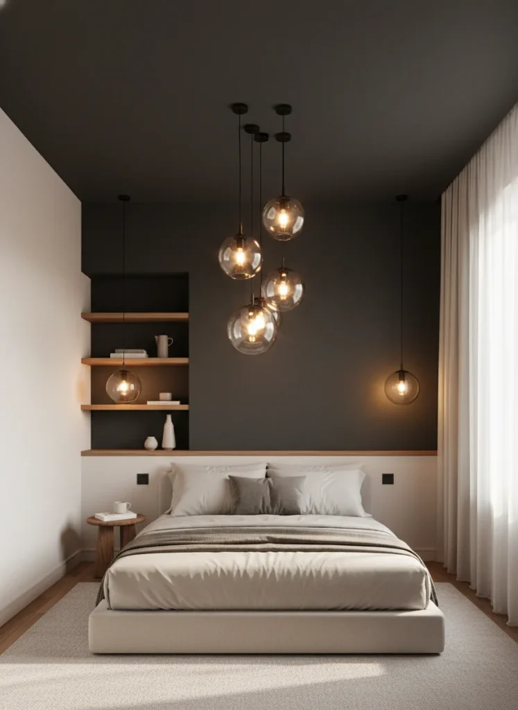  small bedroom with a deep charcoal painted ceiling and light warm white walls below. The dark ceiling creates a dramatic canopy effect. Low platform bed with cream bedding, warm amber pendant lights hanging from the dark ceiling. The room feels intimate and expansive simultaneously. Interior photography.