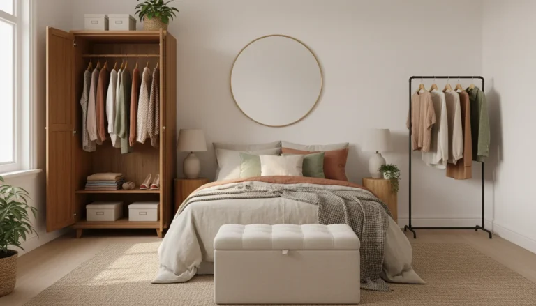 A small bedroom with no closet that looks beautifully organized and intentionally styled. A freestanding wardrobe in warm wood finish stands against one wall, doors slightly ajar revealing neatly hung clothes. A clothing rack in the corner displays a curated selection of hanging pieces. A storage ottoman sits at the foot of the bed. Warm, cozy, organized bedroom interior design photography.