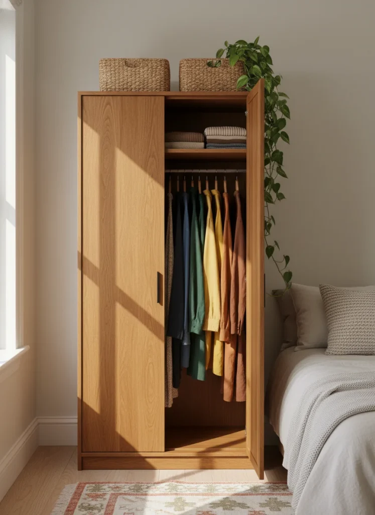 A small bedroom with a freestanding wooden wardrobe in warm oak finish standing against the wall. The wardrobe has two doors with simple bar pulls, a top shelf visible through the slightly open door, and a hanging rod with neatly arranged clothes organized by color. On top of the wardrobe sit two woven baskets and a trailing plant. The wardrobe looks intentional and furniture-forward. Cozy warm bedroom photography.