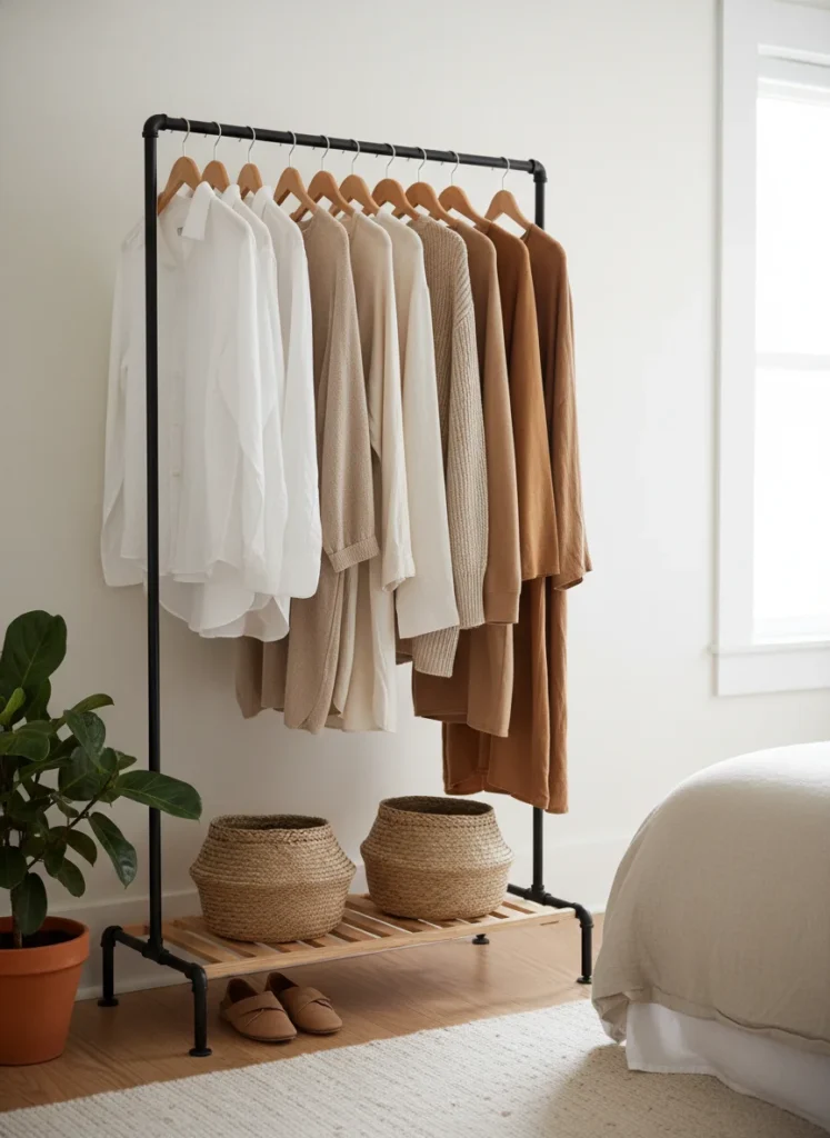 A small bedroom with an open metal and wood clothing rack used as a focal point. The rack holds neatly arranged hanging clothes organized by color gradient from white to beige to camel. Below the rack, a wooden bottom shelf holds two woven baskets and a pair of shoes. To the left of the rack, a small potted plant. Warm aesthetic, minimal Japandi-boho bedroom, editorial photography.