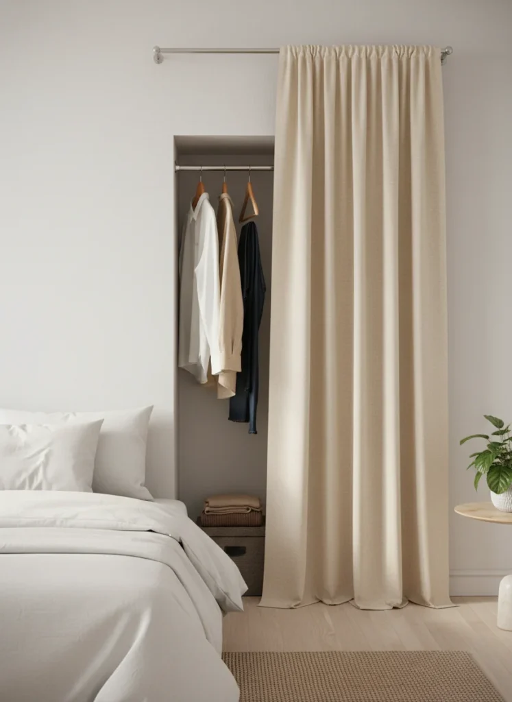 A small bedroom where a curtained alcove has been created as a makeshift closet. A simple tension rod holds a linen curtain in warm cream that falls floor to ceiling across one corner of the room. Behind the curtain, a hanging rod holds organized clothing. The curtain is slightly drawn back revealing the organized space inside. Minimal, clean, renter-friendly bedroom interior photo.
