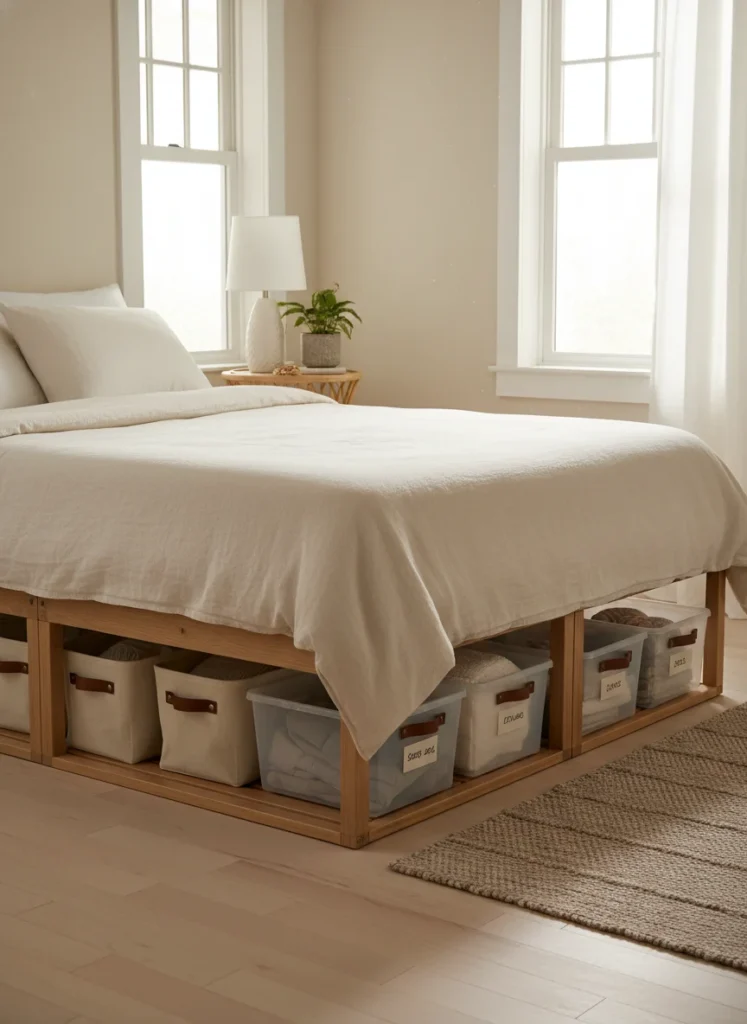  A small bedroom with no closet where the bed is elevated on bed risers, revealing organized under-bed storage. Flat, rolling storage bins in natural canvas and clear plastic are neatly tucked underneath. The bins are labeled. The bed has clean linen bedding that skims just above the risers. Minimal, organized small bedroom, warm natural light, editorial interior photo.