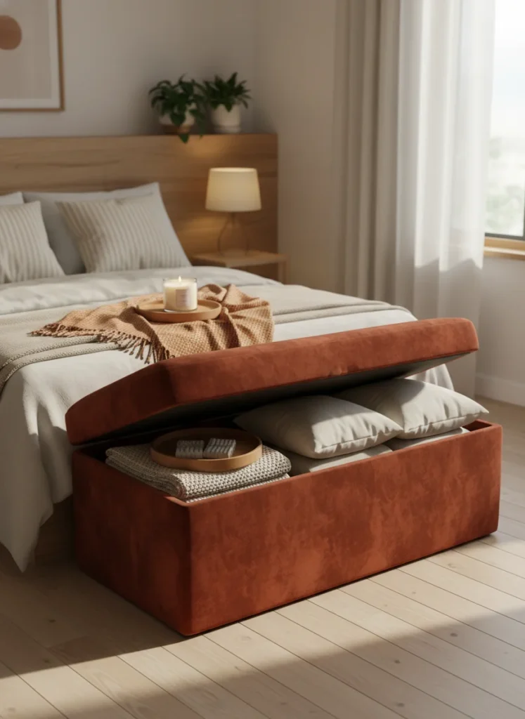A small cozy bedroom with a large upholstered storage ottoman in deep rust velvet placed at the foot of the bed. The ottoman lid is slightly open revealing neatly folded blankets and extra pillows inside. On top of the closed ottoman sits a folded throw blanket and a small tray with a candle. Warm, inviting bedroom interior, editorial photography, warm lamp light.