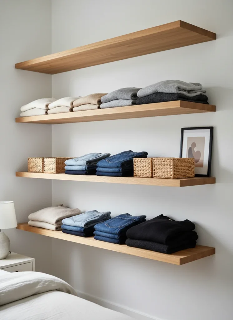 A small bedroom wall with a row of three wide floating shelves used for clothing storage. The shelves hold neatly folded sweaters and jeans organized by color, a small stack of woven baskets, and a framed photo leaning against the wall at the end of one shelf. Warm wood shelves on a white wall. Clean, minimal Scandi bedroom, natural morning light, editorial interior photography.