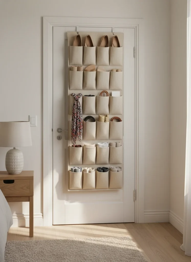 A bedroom door viewed from inside the room with an over-the-door organizer mounted on the back of it. The organizer has multiple pockets in natural canvas, holding shoes, accessories, and small folded items. The organizer is neatly loaded and does not spill over the edges of the door. Minimal, organized bedroom, warm natural light, editorial interior photography.