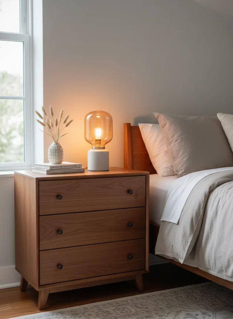 A small bedroom with a three-drawer dresser positioned directly beside the bed, functioning as a nightstand. The dresser top is styled like a nightstand with a warm bedside lamp, a small ceramic vase with dried stems, and a stack of two books. The dresser is in a warm walnut finish. Cozy, organized, small bedroom interior photography, warm amber lamp light.