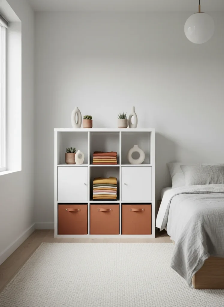 A small bedroom with a four-by-two modular cube shelving unit against one wall. Some cubes have open shelves styled with folded clothes organized by color, small plants, and ceramics. Other cubes have fabric drawer inserts in warm terracotta concealing more storage. The unit is in white. Minimal, organized Scandi bedroom interior design photography, natural light.