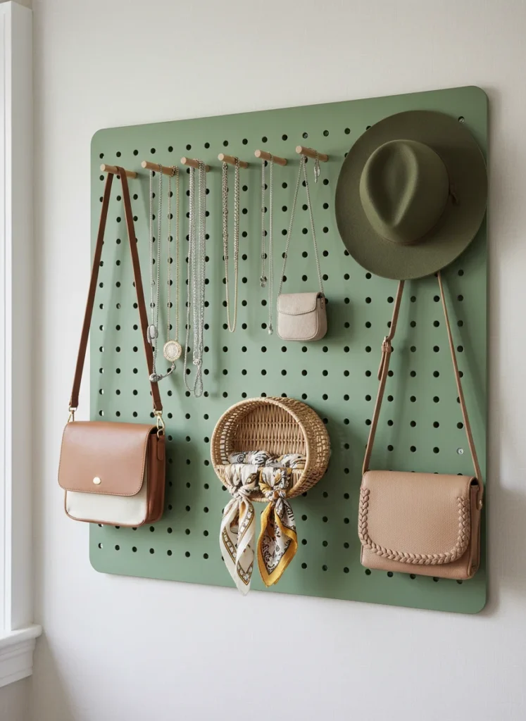A small bedroom wall section with a large painted pegboard mounted for bedroom accessory organization. The pegboard is painted in warm sage green. On it: wooden pegs hold neatly arranged jewelry and bags, a small rattan basket shelf holds folded scarves, and two small hooks hold a hat and a crossbody bag. Styled, aesthetic, functional bedroom storage wall. Warm interior editorial photo.