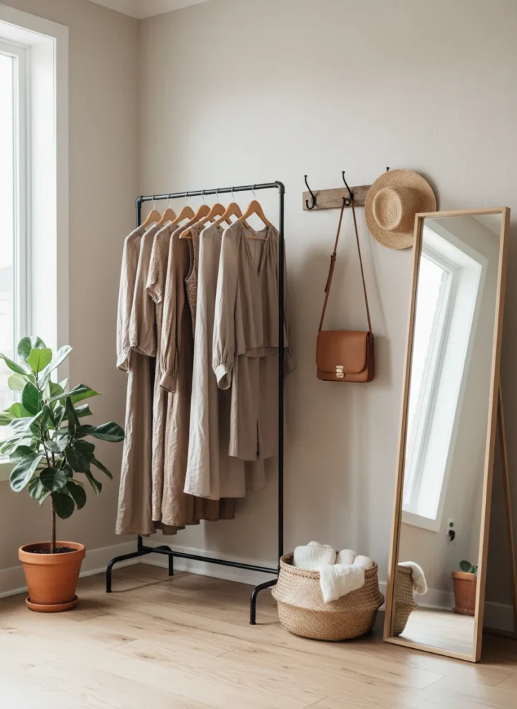 A small bedroom corner styled as a dedicated dressing area. A slim clothing rack holds curated hanging clothes. Beside it, a full-length mirror leans against the wall. Above, two wall hooks hold a bag and a hat. A small rattan stool at the foot of the rack holds a woven basket with folded items. Warm, organized, boutique-style corner in a small bedroom. Editorial interior photography.