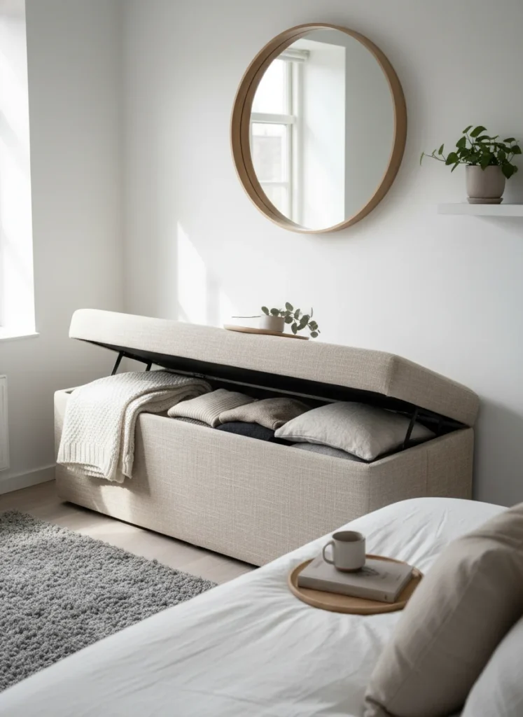A small bedroom with a long upholstered storage bench positioned along one wall. The bench is in natural linen fabric and has a hinged lid revealing storage space inside. On top of the closed bench sits a neatly folded throw blanket, two books, and a small tray. The bench functions as a seating area and storage unit simultaneously. Minimal Scandi bedroom, editorial interior photography.