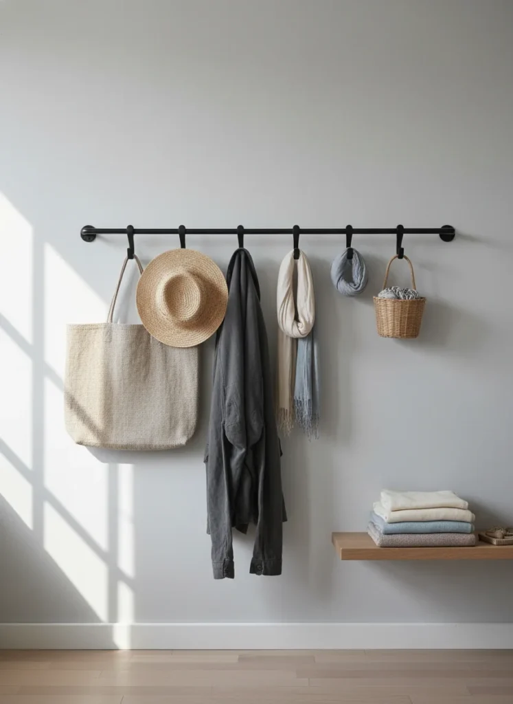 A bedroom wall with a Scandi-style wall-mounted rail and hooks system. A horizontal black metal rail spans 36 inches on the wall with six matte black hooks of varying sizes hanging from it. On the hooks: a linen tote bag, a woven hat, a jacket, and a small organizer basket. Below the rail, a small wood shelf holds folded scarves. Minimal, functional, modern bedroom wall organization, editorial photo.