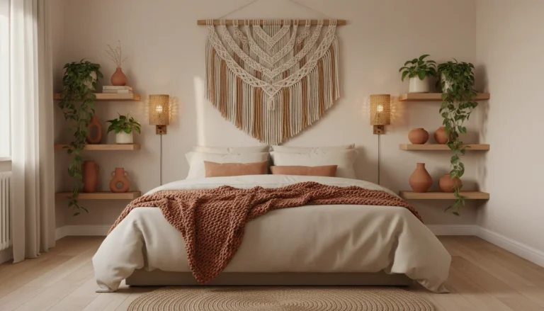 A beautifully styled small bedroom with no framed pictures on the walls. Instead the walls feature a large woven macrame wall hanging, two wall-mounted rattan sconce lights, and a set of floating shelves with trailing plants and ceramic vases. Warm terracotta and cream color palette. Cozy, editorial interior design photography, natural afternoon light.