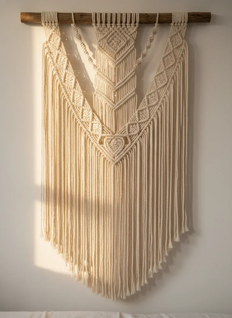 Close-up editorial shot of a large handwoven macrame wall hanging on a bedroom wall. Chunky natural cotton rope with intricate knotwork and long fringe. The hanging is mounted on a thick wooden dowel. Behind it, a warm white wall. The macrame casts soft shadows in warm morning light. Organic, bohemian bedroom texture photography.