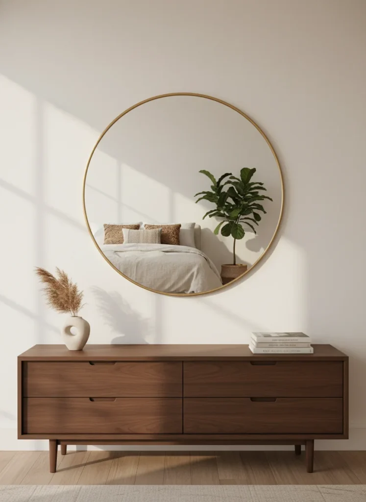 A bedroom wall styled with a single large oversized circular mirror with a thin brushed brass frame. The mirror is 36 inches in diameter and hangs centered on a warm white wall above a low dresser. It reflects the room behind it and fills the wall with light and depth. Modern organic bedroom aesthetic, warm afternoon editorial photography.