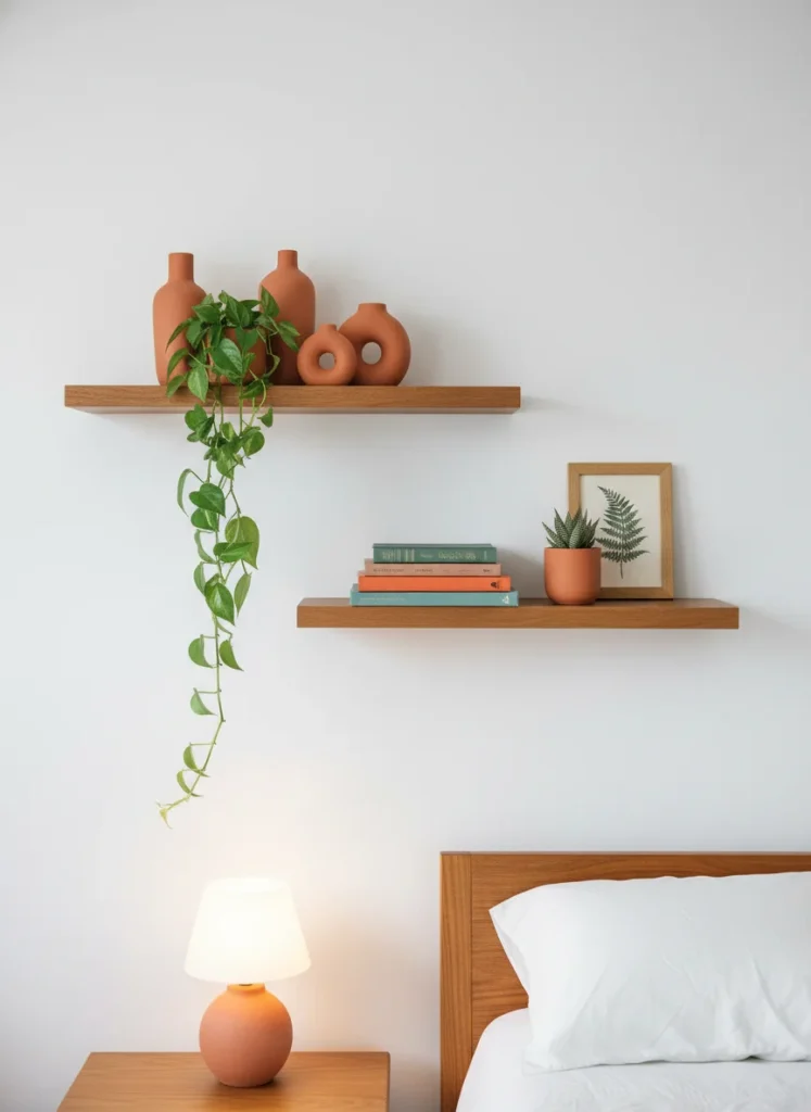 A bedroom wall with two floating wood shelves styled as a curated vignette. The shelves hold small terracotta ceramic vases in varying heights, a trailing pothos plant, a few stacked books with colorful spines, and one small framed print leaning against the wall. Warm wood tones, white wall, warm bedside lamp light. Cozy editorial bedroom interior photo.