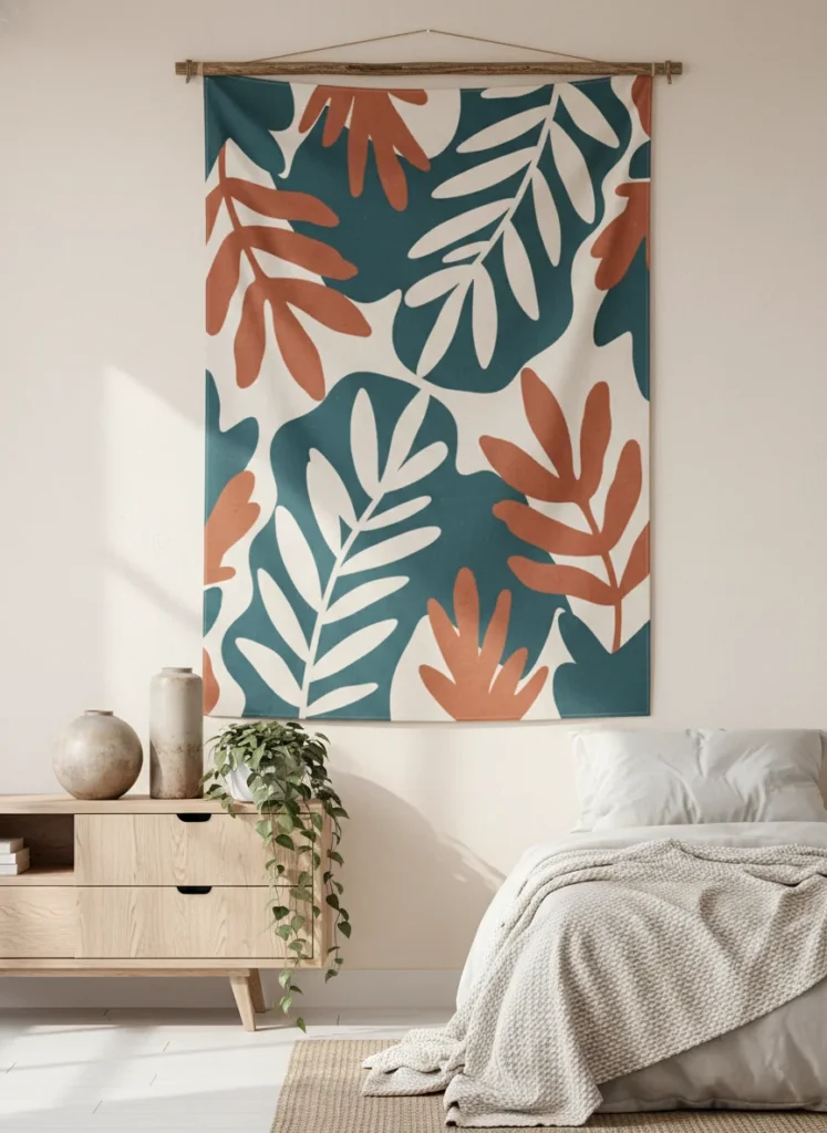  A bedroom wall with a large printed tapestry hung using a wooden rod. The tapestry features a bold abstract botanical pattern in deep teal, terracotta, and cream. It spans nearly the full width of the wall section. Below it sits a small dresser with two ceramic vases and a trailing plant. Warm ambient lighting, eclectic cozy bedroom, editorial interior photo.