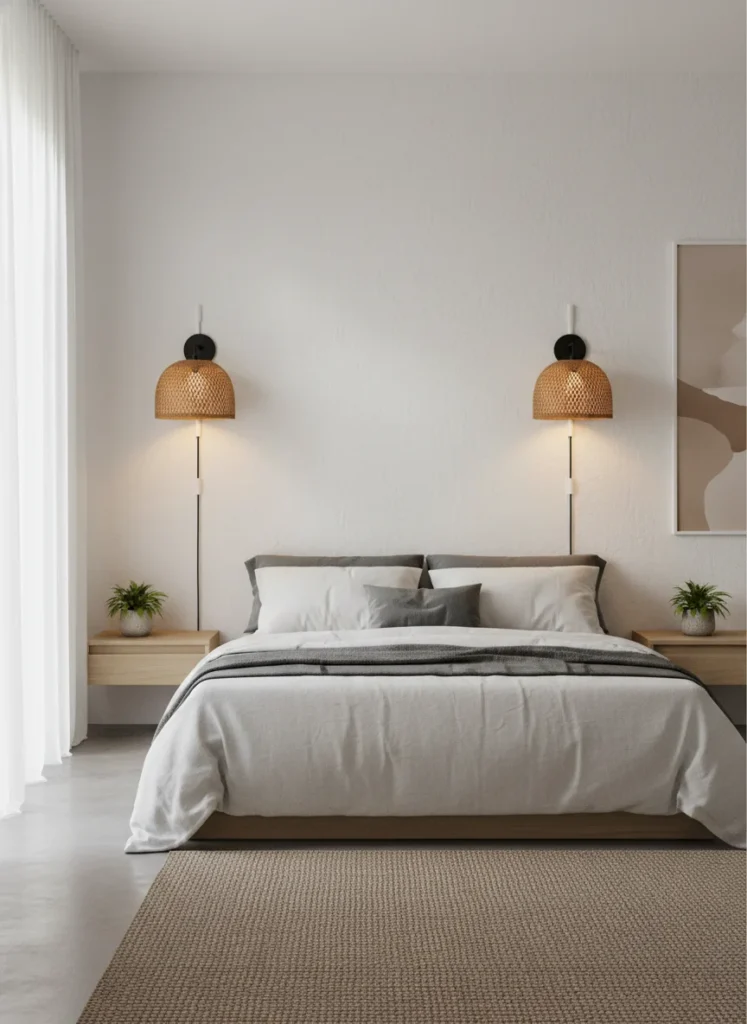  A bedroom wall with two symmetrically mounted plug-in wall sconces flanking the bed. Each sconce has a warm-toned rattan woven shade casting a warm glow downward onto the pillows. The sconce arms are matte black. Cords are hidden in cord covers along the wall. No bedside lamps. Clean, minimal, modern organic bedroom interior photography.