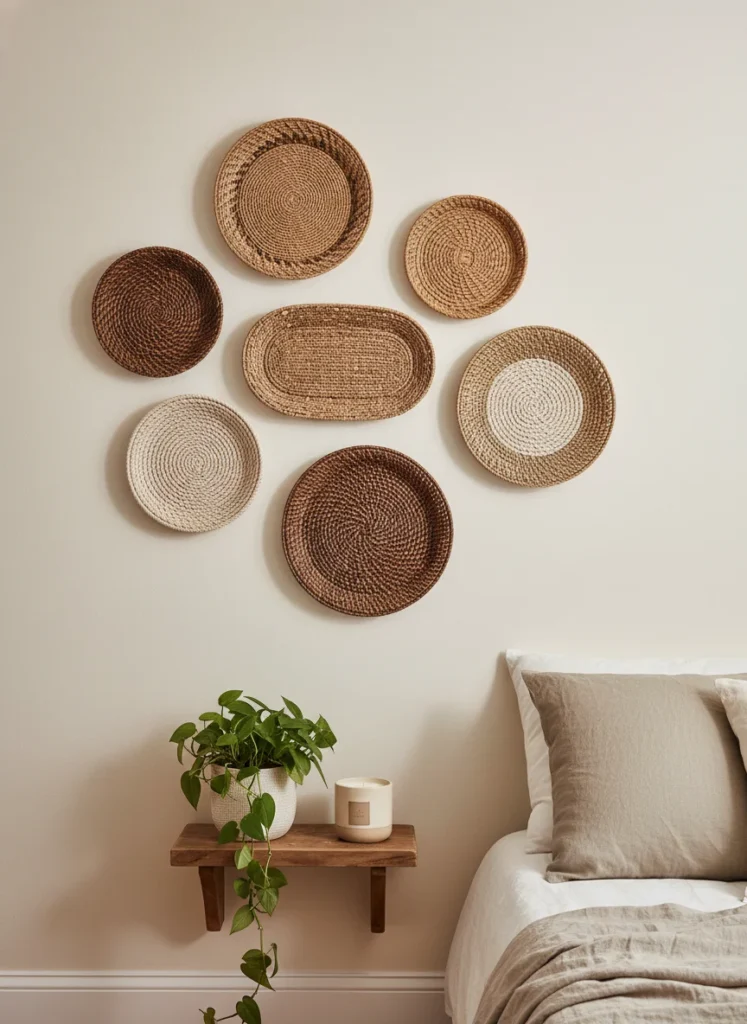 A bedroom wall decorated with a curated cluster of five woven seagrass and rattan wall baskets in different shapes and sizes. Natural tan, cream, and dark brown tones with subtle weave patterns. Arranged in a loose asymmetric grouping on a warm white wall. Below, a small bedside shelf with a plant and candle. Earthy boho bedroom photography.