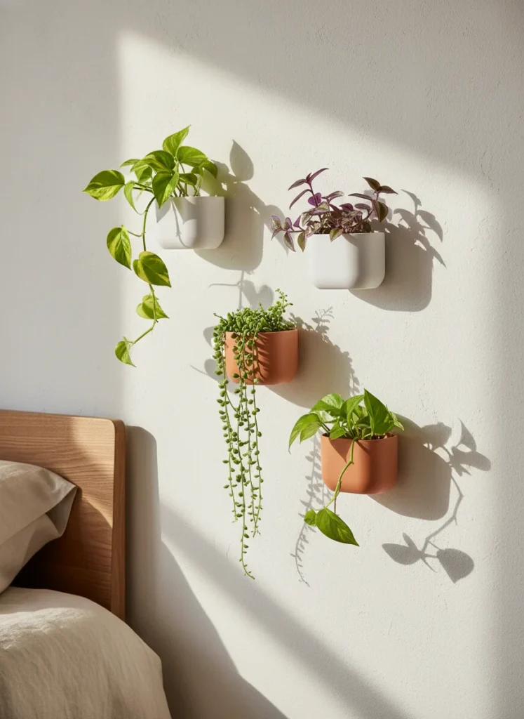 A bedroom wall section with four small wall-mounted ceramic planters in matte white and terracotta, each holding a small trailing or cascading plant: pothos, string of pearls, and tradescantia. The planters are staggered at different heights on a warm white wall. Natural morning light casting soft shadows. Modern organic biophilic bedroom interior photo.