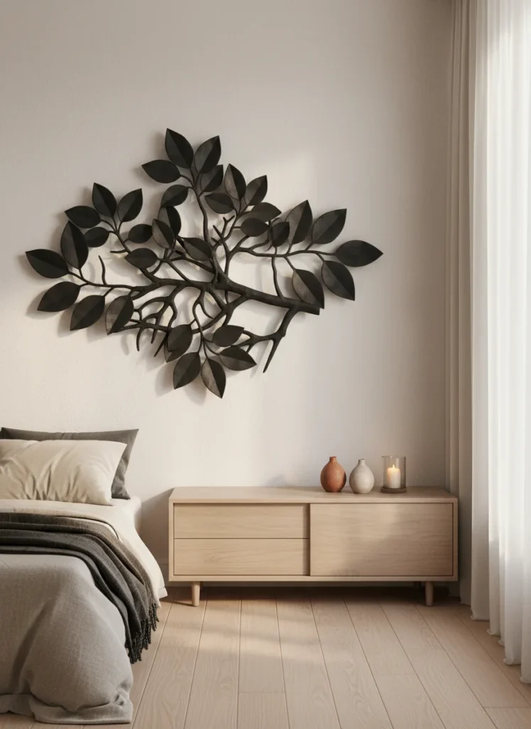  A bedroom wall featuring a large 3D metal wall sculpture in an abstract leaf or botanical form. The sculpture is matte black metal with layered depth, casting interesting shadows on the warm white wall behind it. Below, a minimal dresser with two small ceramics and a candle. Modern organic bedroom aesthetic. Warm natural side lighting, editorial interior design photography.