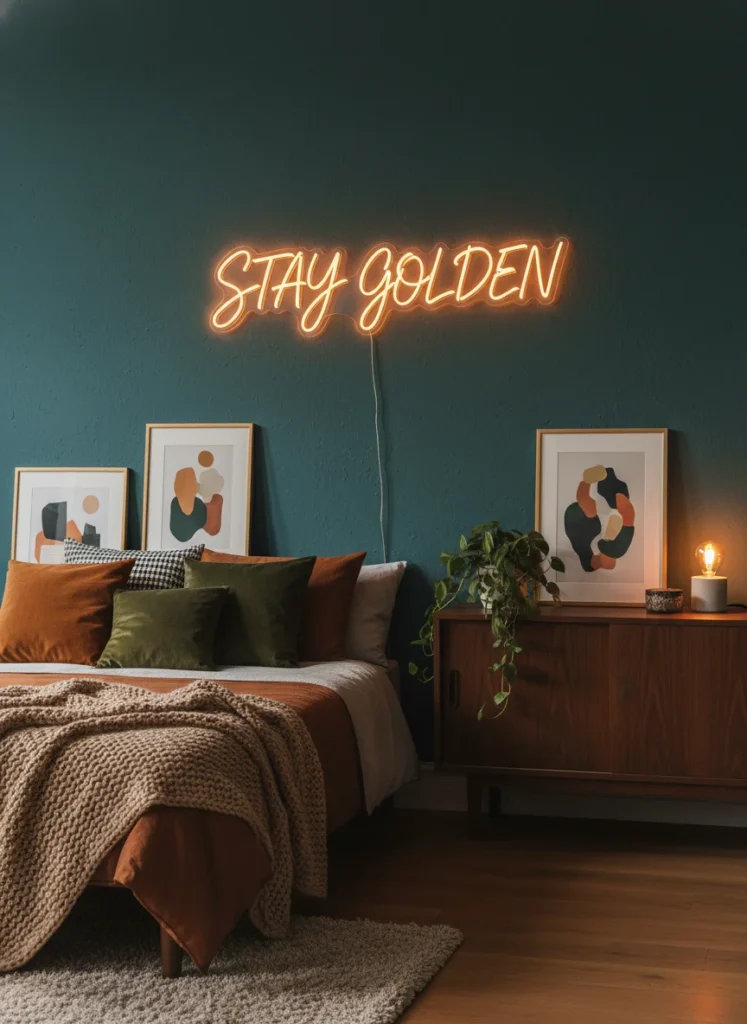 A bedroom wall featuring a custom LED neon sign mounted at eye level above a small dresser. The sign glows in warm amber and reads a short personal phrase in flowing cursive script. The room is dim with the neon as the primary light source. Warm, moody, Gen Z aesthetic bedroom. Dark walls, cozy textured bedding, editorial interior photography.