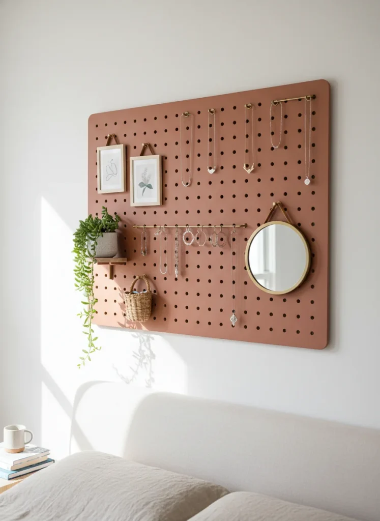 A bedroom wall with a large painted pegboard mounted as a decorative and functional wall feature. The pegboard is painted in a warm dusty terracotta. On it hang small hooks for jewelry and accessories, a small potted plant on a wooden ledge, a few small prints, a woven mini basket, and a small mirror. Organized, aesthetic, and personal. Editorial interior design photo.