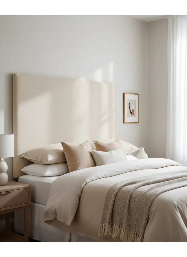 A bedroom wall featuring a large fabric-covered wall panel mounted above the bed as a headboard alternative. The panel is upholstered in a textured boucle fabric in warm cream. It is a simple rectangular shape, about 48 inches wide and 30 inches tall. The fabric has a soft, plush texture visible in the light. Below, layered cream and warm white bedding. Minimal elegant bedroom interior photo.