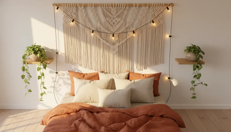 A cozy bedroom with no headboard. The wall above the bed features a large bohemian macrame wall hanging in cream and natural cotton, flanked by two small floating shelves with ceramic vases and trailing pothos plants. Warm Edison bulb string lights draped softly around the hanging. Terracotta and linen bedding. Editorial interior photography, warm afternoon light, overhead angle.