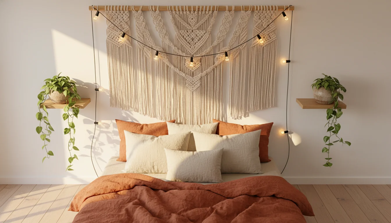 A cozy bedroom with no headboard. The wall above the bed features a large bohemian macrame wall hanging in cream and natural cotton, flanked by two small floating shelves with ceramic vases and trailing pothos plants. Warm Edison bulb string lights draped softly around the hanging. Terracotta and linen bedding. Editorial interior photography, warm afternoon light, overhead angle.