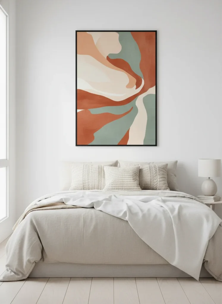 A serene modern bedroom with no headboard. A single oversized canvas art print hangs centered above the bed. The print is abstract with warm terracotta, cream, and dusty sage tones in a thin black frame. Below it, layered neutral linen bedding with textured throw pillows. White walls. Clean editorial bedroom photography, natural light from a side window.