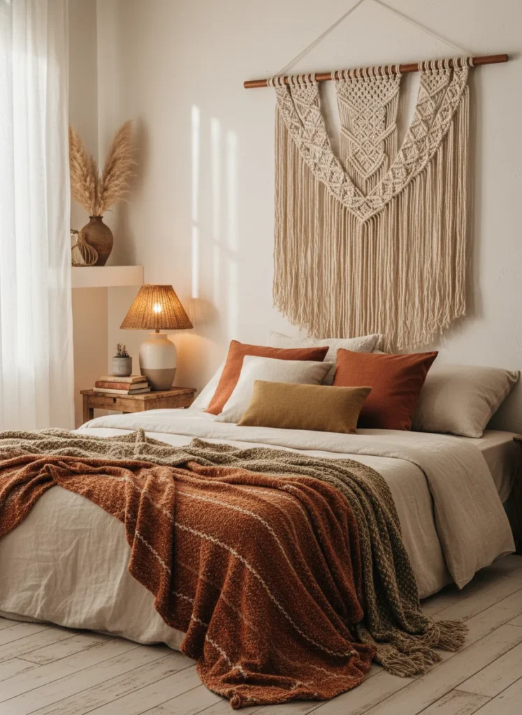  A warm bohemian bedroom with no headboard. A large handwoven macrame wall hanging in chunky natural cotton rope hangs from a wooden dowel directly above the bed. The fringe falls close to the level of the pillows. Warm bedside lamp glow. Earthy boho aesthetic, cream and rust linen pillows, a woven throw blanket draped over the corner of the bed. Cozy interior photography.
