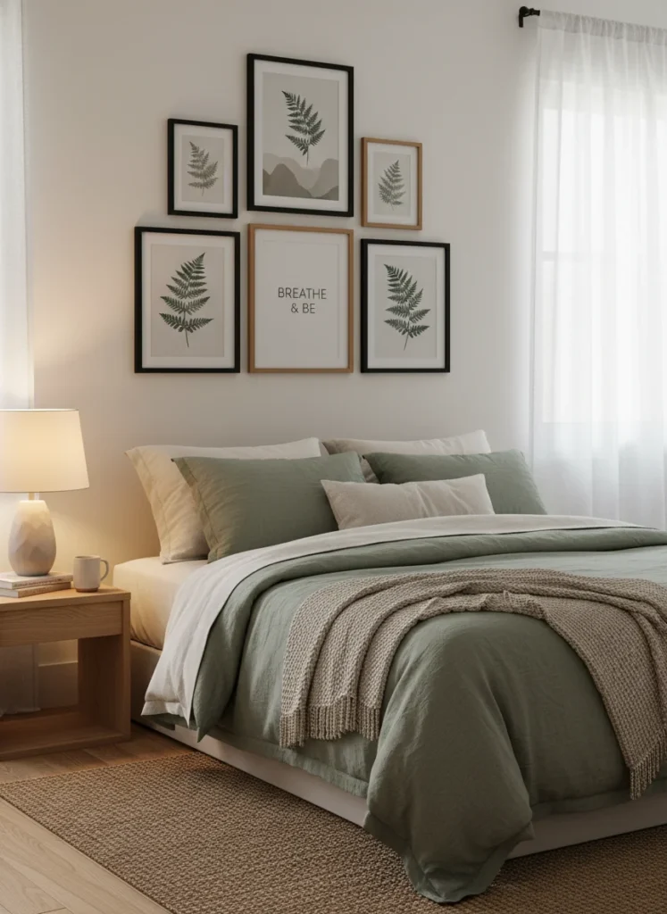 A warm bedroom with no headboard featuring a gallery wall of mixed-size frames hung above a queen bed. Frames in black and natural wood tones vary in size, some with abstract art prints, some with botanical illustrations, one with a short quote. The arrangement is slightly asymmetric but centered above the bed. Sage green and cream bedding. Cozy editorial bedroom photography, warm lamp lighting.